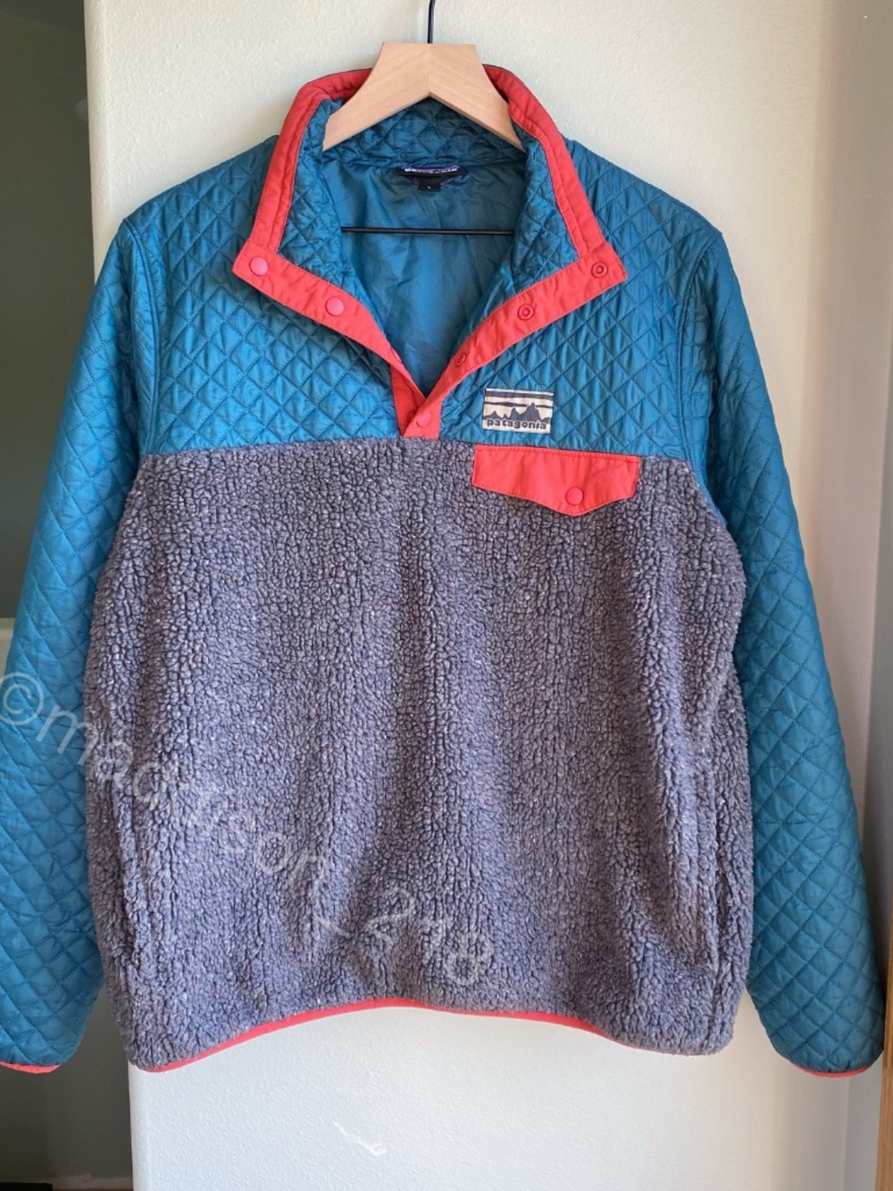 Patagonia Mixed Media Snap-T Pullover Large Crater Blue Sherpa Quilted Jacket L - Picture 9 of 15